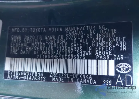 2016 Toyota Corolla Le z USA, uszkodzony, nr VIN 2T1BURHE9GC685875